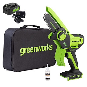 Цепная мини пила аккумуляторная Greenworks 24V G24MCS10 (1хАКБ 4Ач и ЗУ) 10см